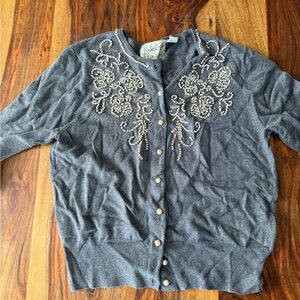 Anthropologie Field Flower Gray Beaded Floral Sweater Size L | Pearl Rhinestone